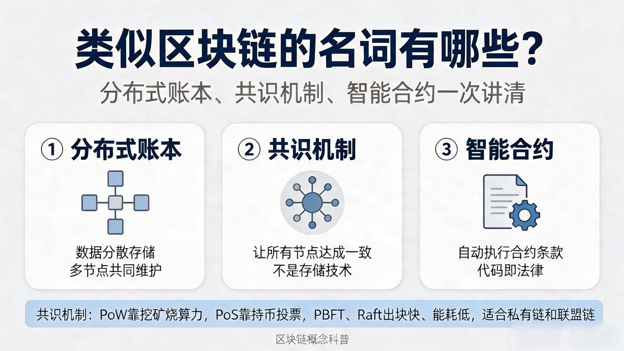 共识机制PoW PoS PBFT对比_分布式账本与区块链的区别_类似区块链的名词